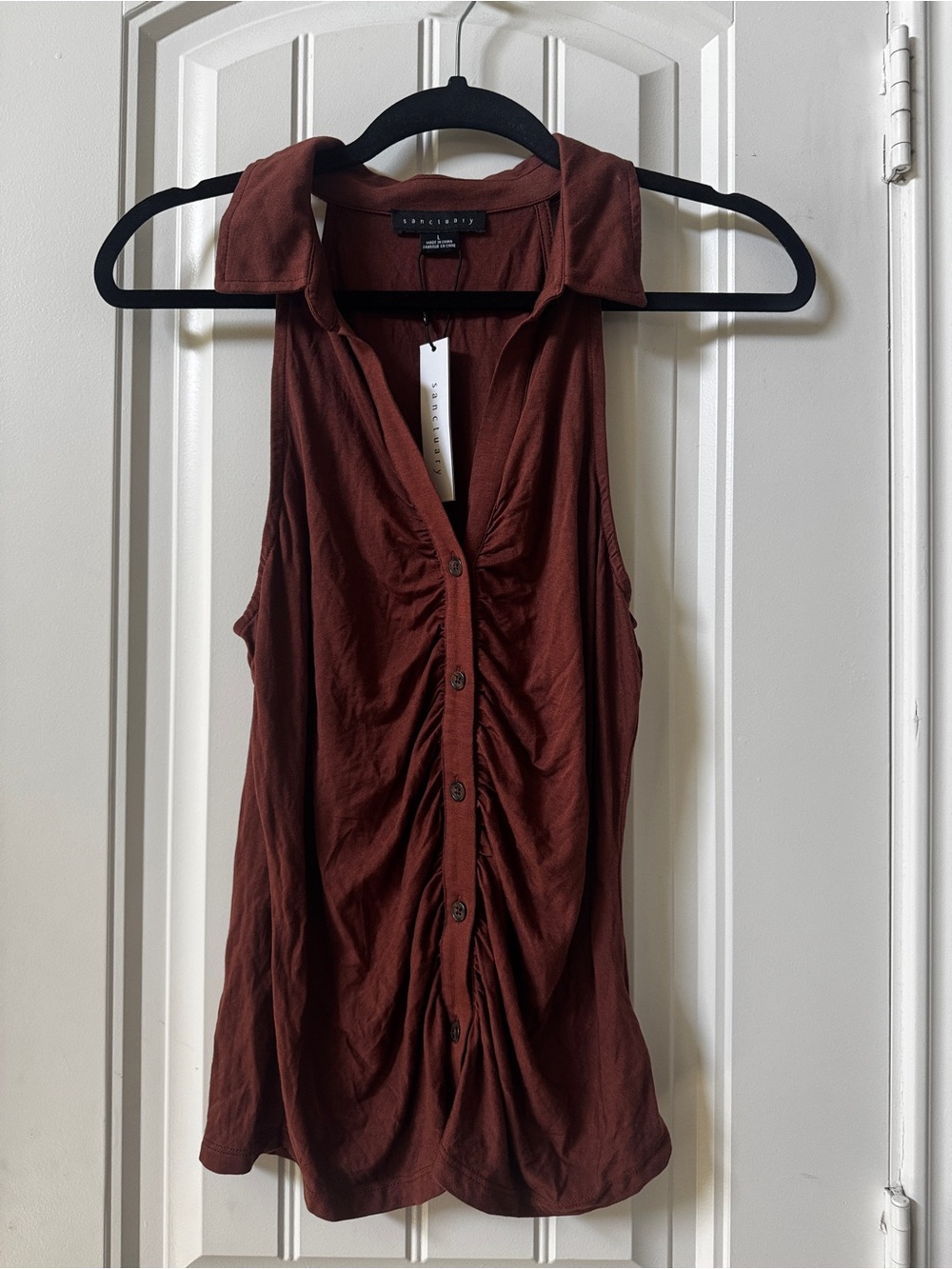 Ruched Button-Front Sleeveless Collared Top - Deep Brown western boho